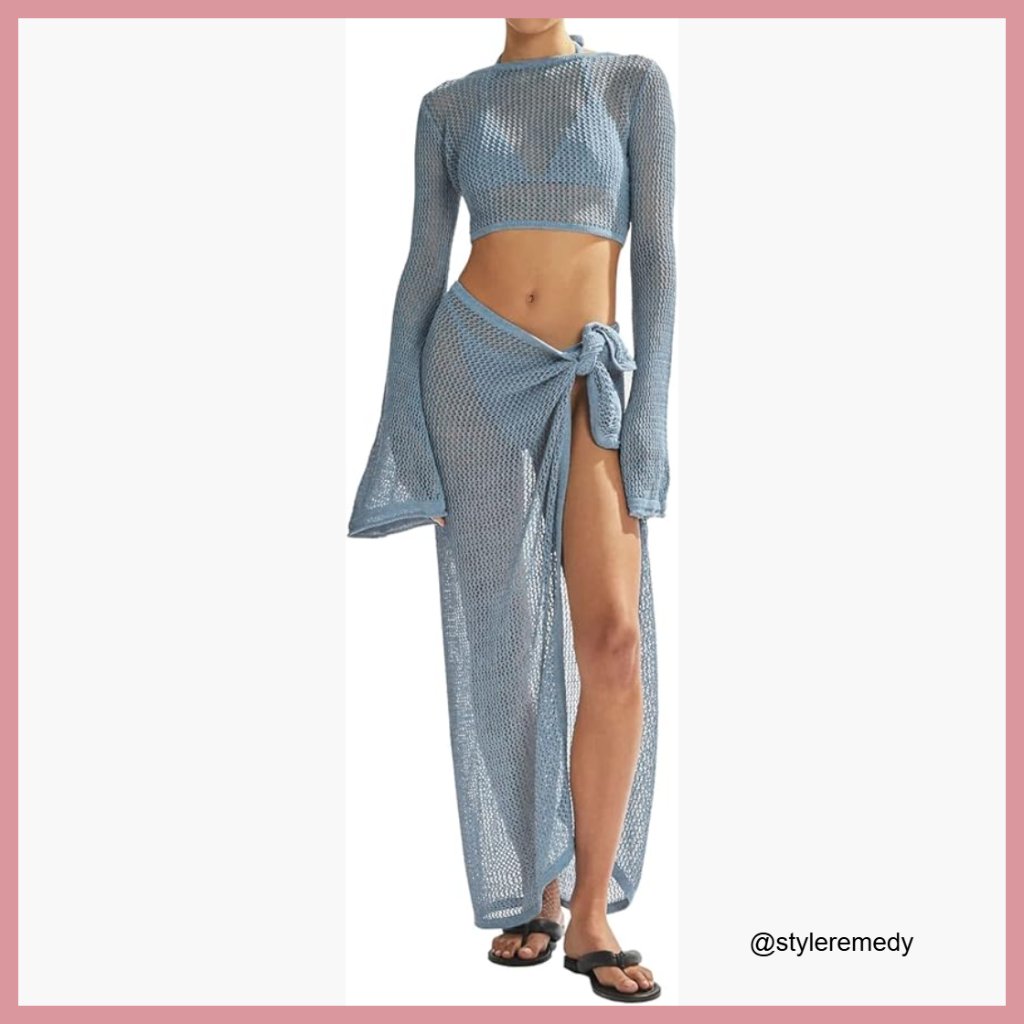 Crochet Knit Mesh Bikini Coverup Set With Long Sleeves